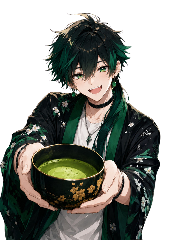 抹茶碗を差し出す、にしお特産図鑑のキャラクター・まちや